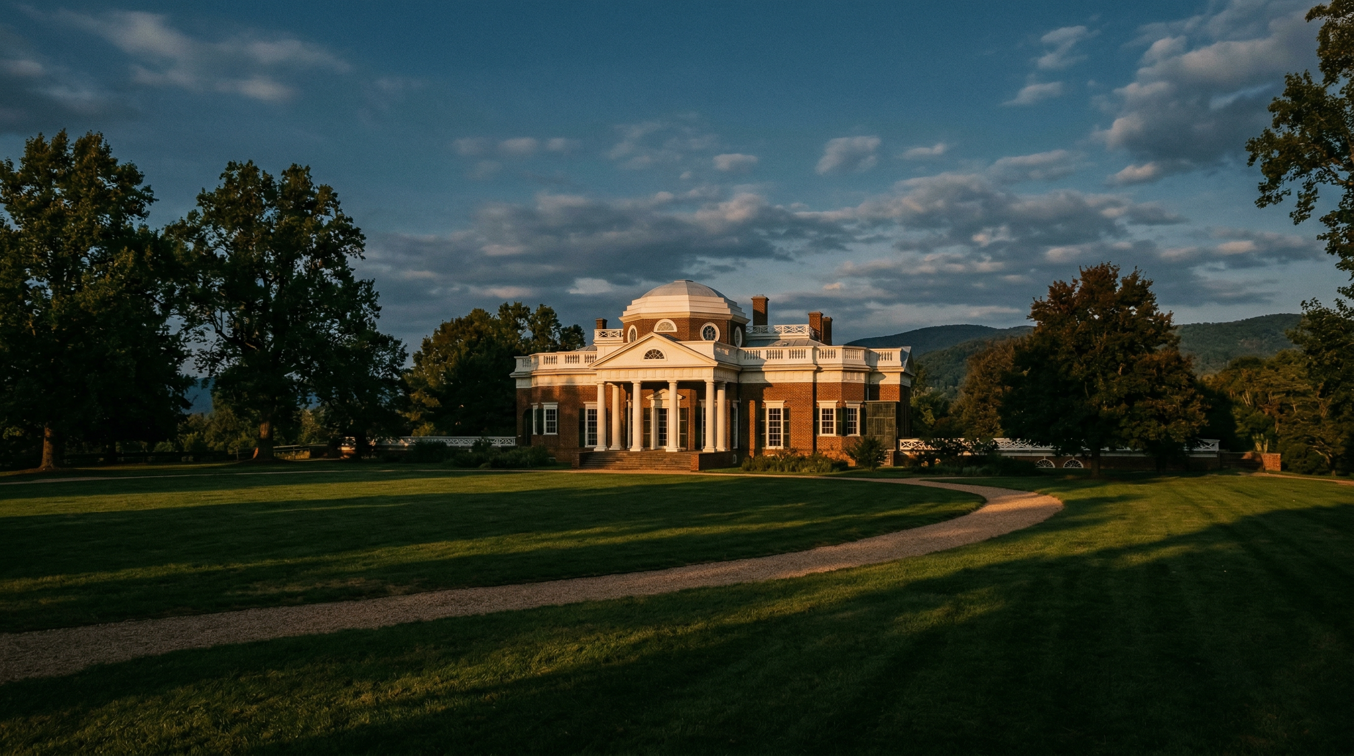 Monticello at golden hour, Thomas Jefferson's historic Virginia estate