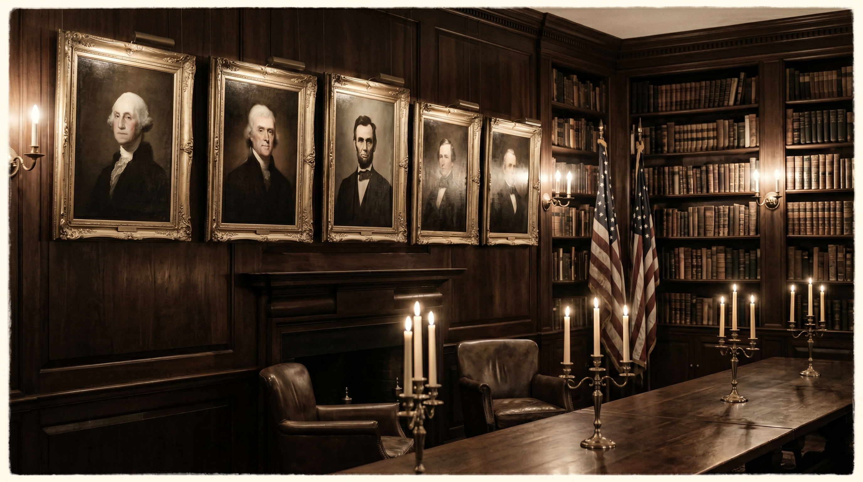 Presidential portrait gallery in a historic candlelit library